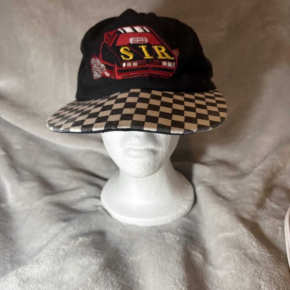 Vintage 90s Racing Snapback Hat SIR Car Embroidered Checkerboard Brim Black